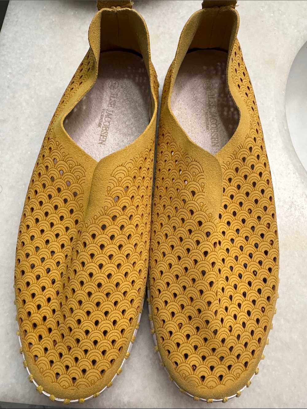 Ilse Jacobsen Mustard Yellow Laser-Cut Slip-Ons